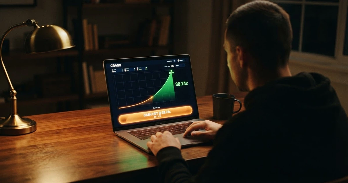 Interface d'un crash game avec la courbe du multiplicateur qui grimpe et un bouton de cashout affiché