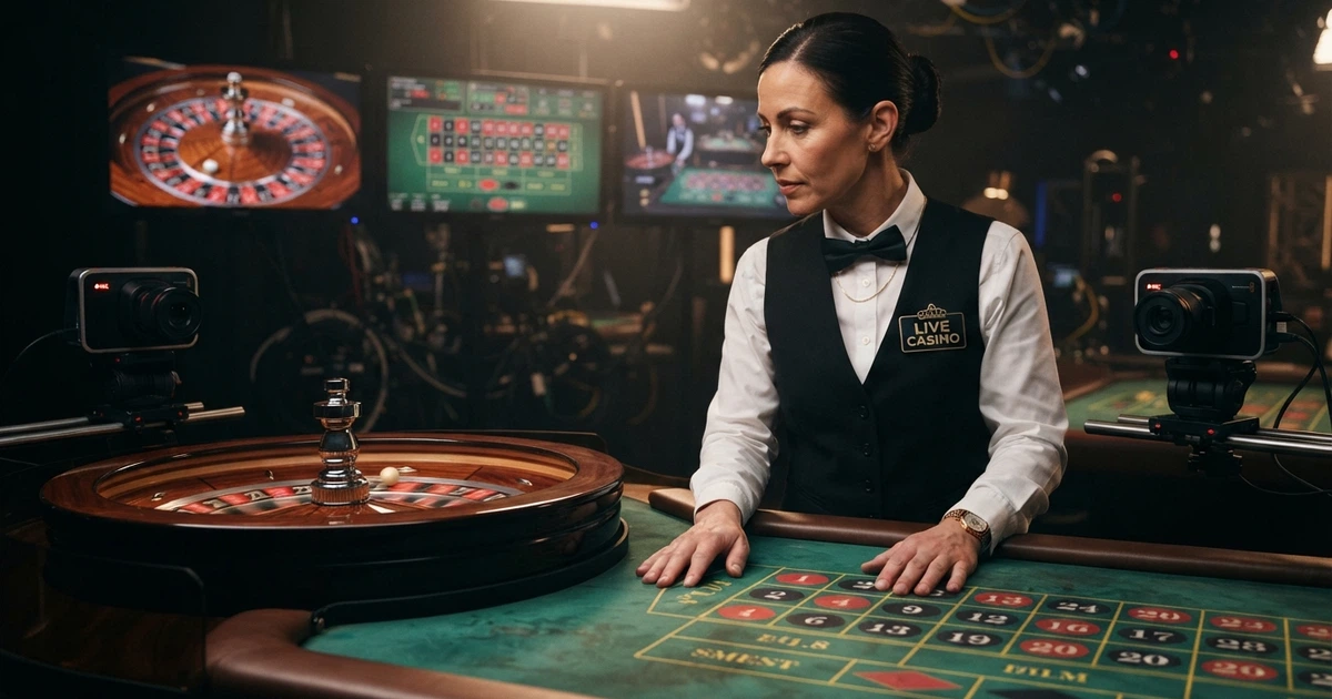 Un croupier en gros plan devant une table de roulette dans un studio de casino en direct, écrans et caméras visibles en arrière-plan