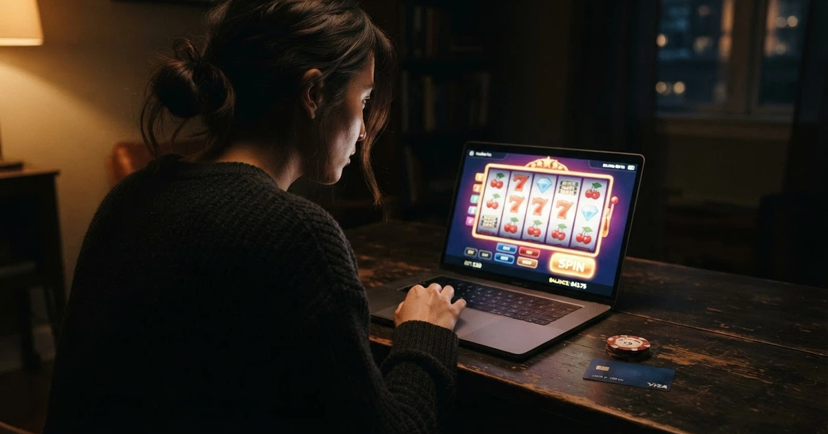 Un joueur consultant une interface de casino en ligne sur un écran, avec des jetons et une carte bancaire posés à côté, dans un environnement tamisé.