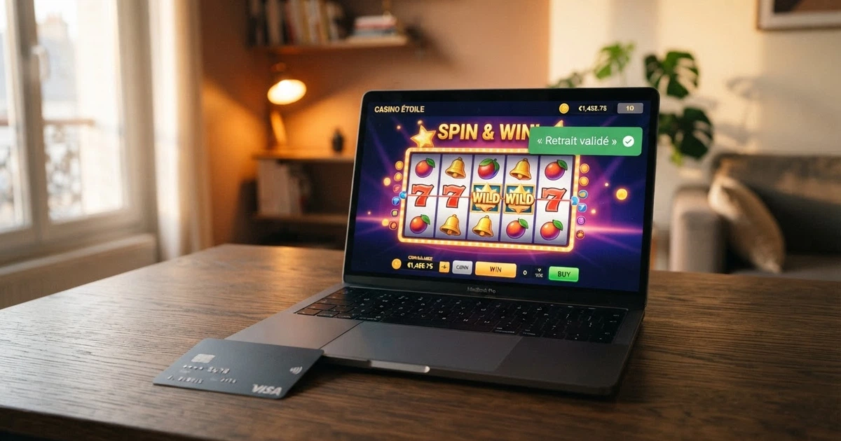 Un casino en ligne affiché sur l'écran d'un ordinateur portable, avec une notification de retrait validé et une carte bancaire posée à côté