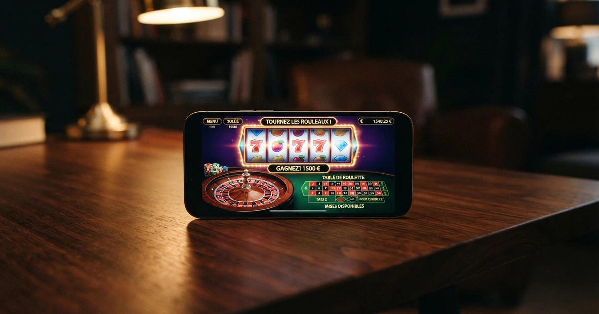 Une table de casino en ligne affichant un écran partagé entre machines à sous, roulette et interface de paiement