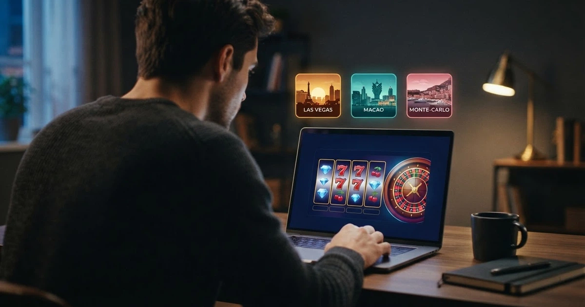 Un joueur français consultant un classement de casinos sur son écran, avec en arrière-plan des symboles de Las Vegas, Macao et Monte-Carlo en vignettes