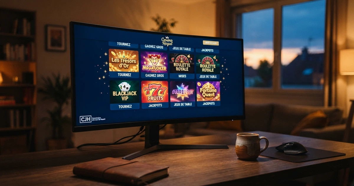 Interface d'un casino en ligne belge affichant une sélection de machines à sous, de jeux de table et l'indicateur de licence CJH dans le pied de page