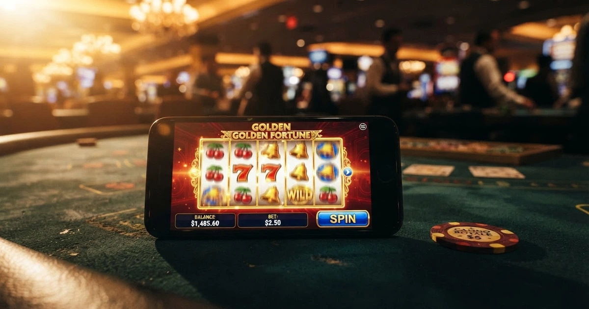 Une interface de casino en ligne affichant une offre de bonus sans dépôt, avec des machines à sous en arrière-plan