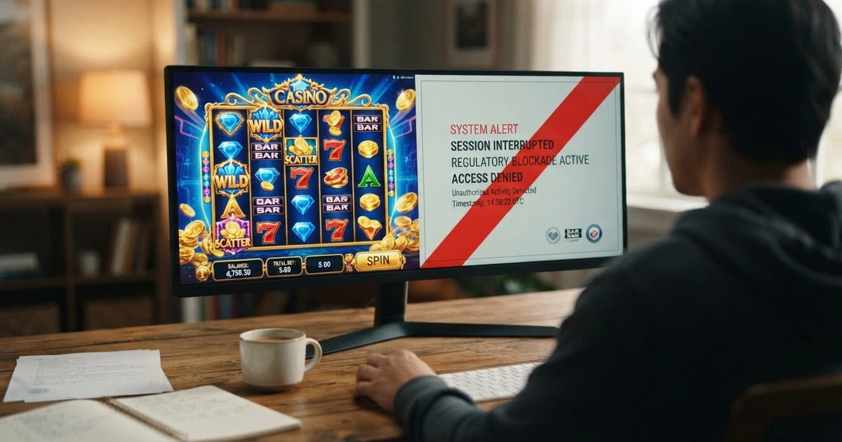 Un écran partagé : à gauche, une interface colorée de machine à sous en ligne avec des rouleaux qui tournent, à droite un panneau officiel de l'ANJ barré d'un trait rouge.