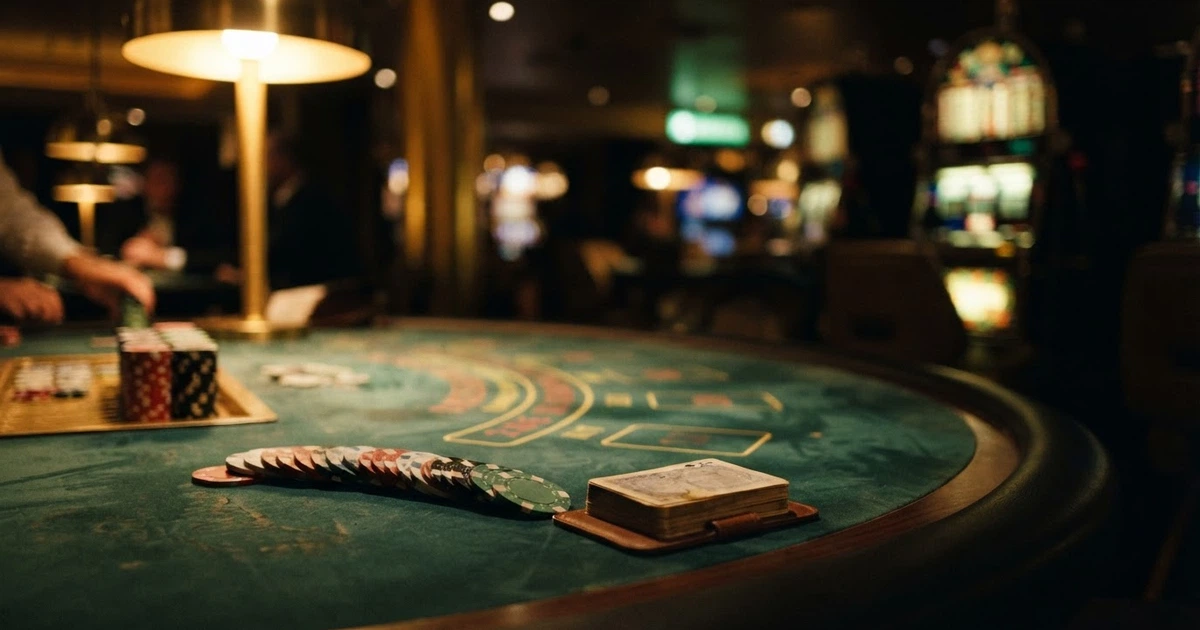 Une rangée de tables de casino éclairées avec un écran de machine à sous en arrière-plan, sans texte ni logo