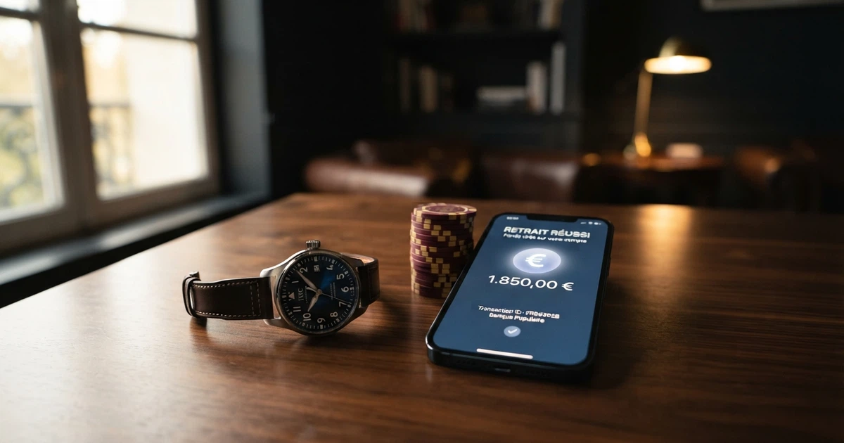 Une montre posée à côté d'un smartphone affichant l'écran de retrait d'un casino en ligne, avec une pile de jetons de casino en arrière-plan