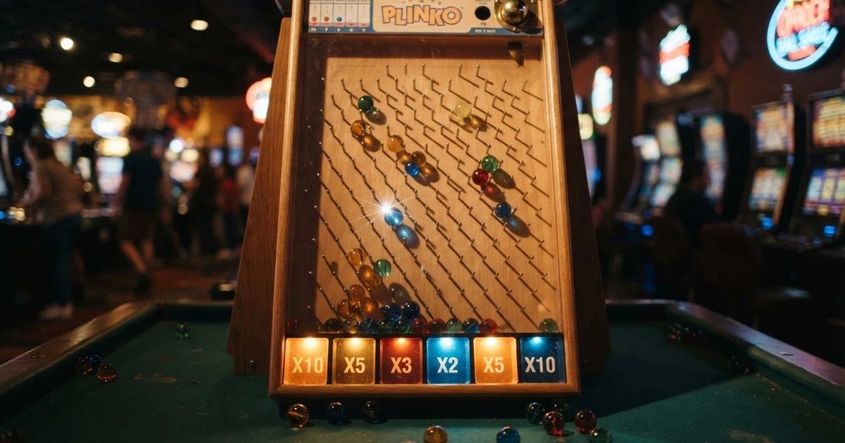 Un plateau de jeu Plinko avec des billes colorées rebondissant sur des clous métalliques vers les cases multiplicateurs du bas