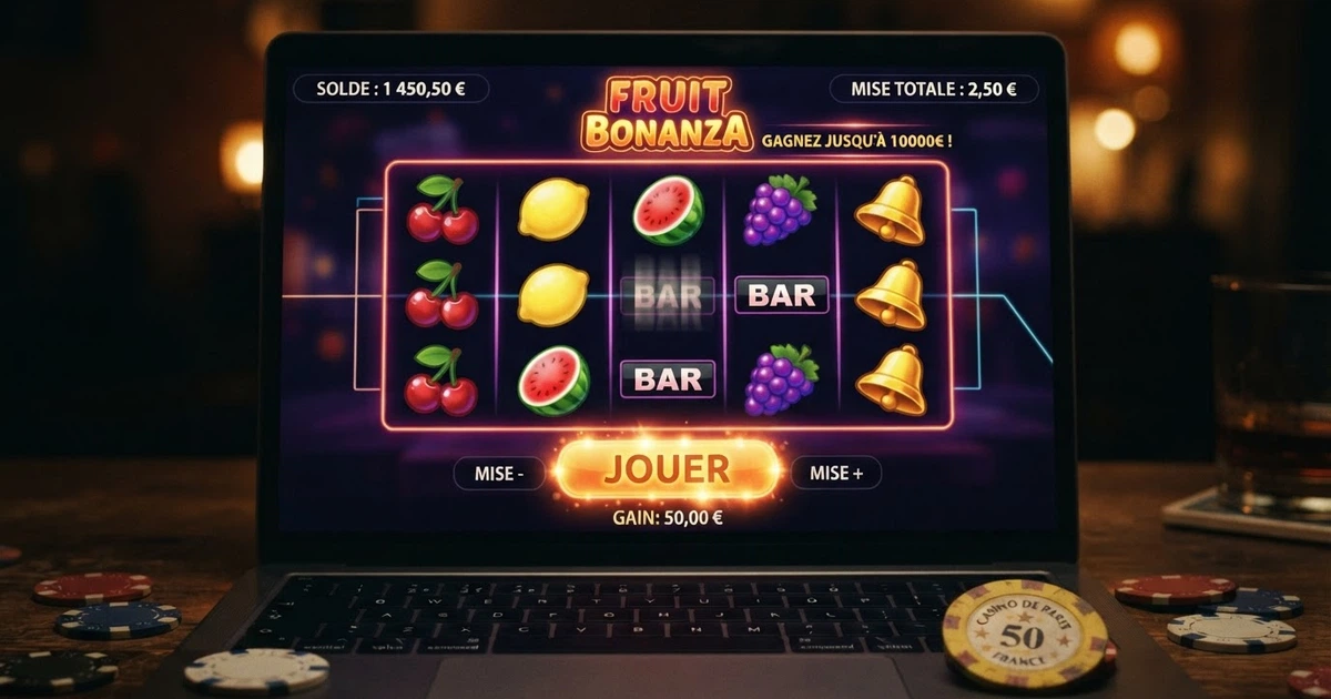 Écran d’accueil coloré d’une machine à sous en ligne affichant des rouleaux, des symboles de fruits et un bouton de mise, sur fond d’interface de casino