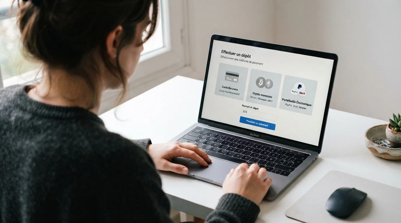 Interface de dépôt d'un casino en ligne affichant plusieurs méthodes de paiement (carte bancaire, cryptomonnaies, portefeuille électronique)