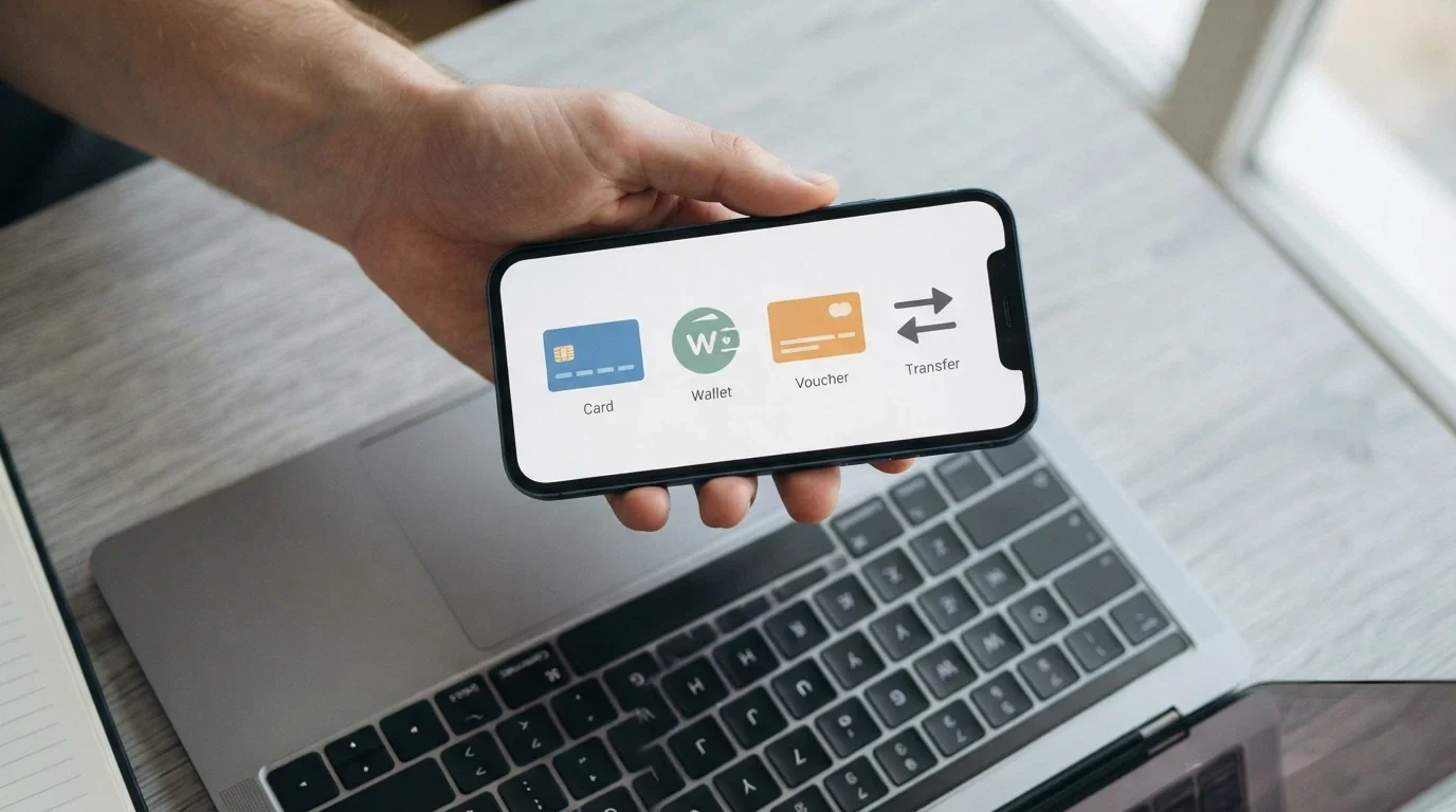 Main tenant un smartphone au-dessus d'un clavier d'ordinateur, l'écran affiche les logos de PayPal, Visa, Mastercard et Paysafecard