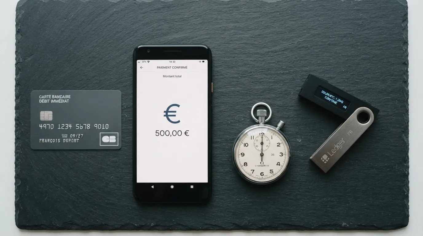 Plusieurs moyens de paiement disposés en éventail (une carte bancaire, un portefeuille électronique sur un téléphone, une clé crypto physique) avec un chronomètre au centre