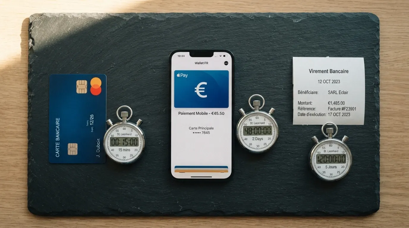 Plusieurs moyens de paiement disposés côte à côte — une carte bancaire, un portefeuille électronique sur mobile, un virement bancaire — avec un chronomètre indiquant un délai différent sous chacun