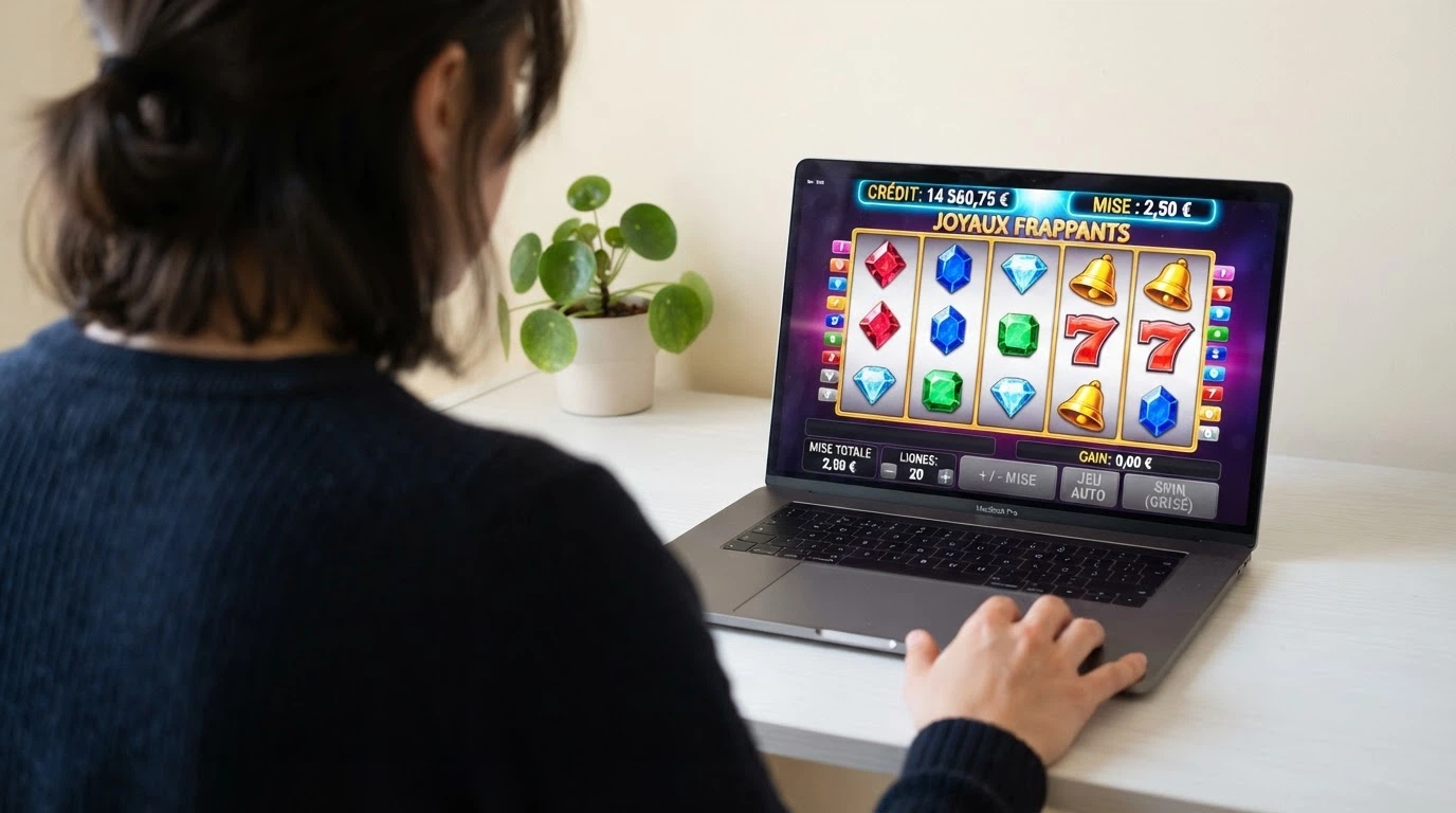 L'écran d'une machine à sous 5 rouleaux en mode démonstration, avec le compteur de crédits virtuels affiché et les touches de mise grisées ou remplacées par un indicateur de jeu gratuit