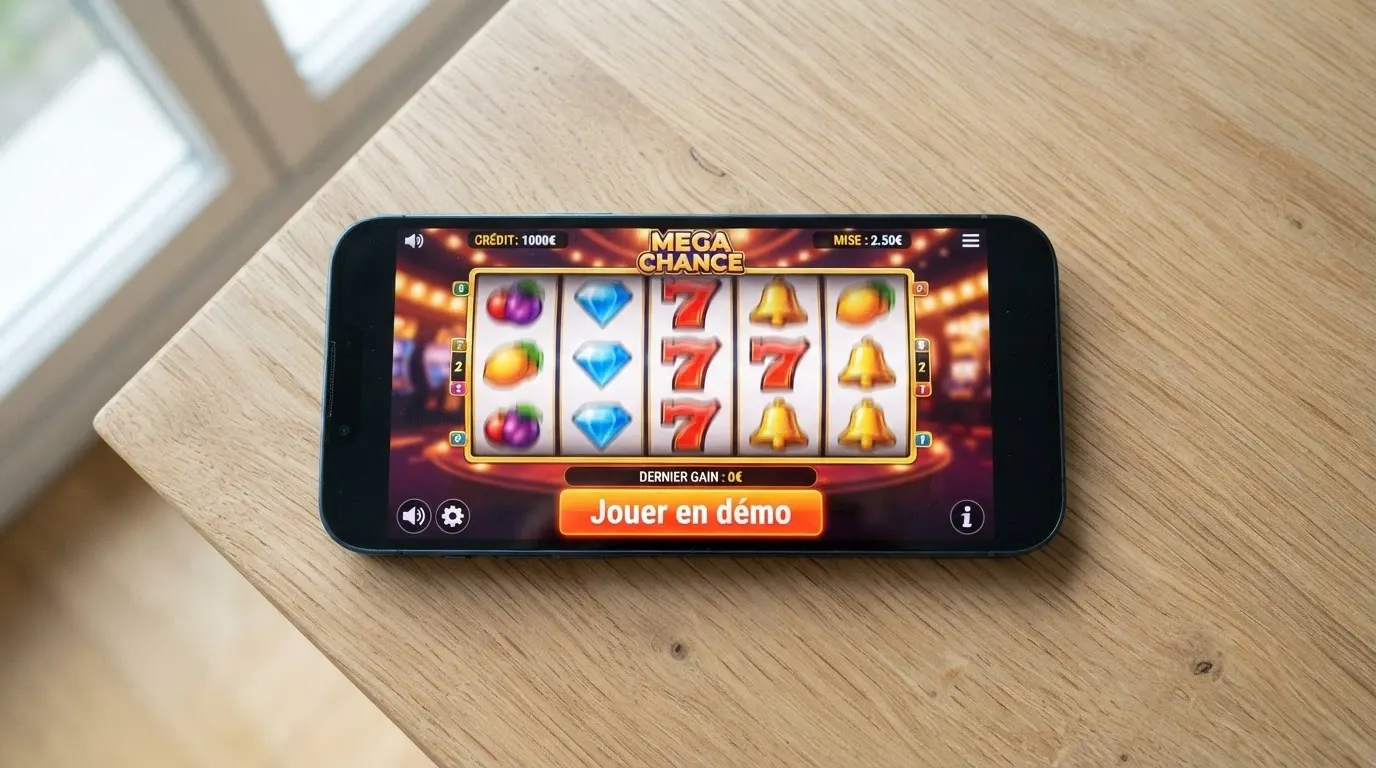 Écran de jeu de machine à sous avec le bouton « Jouer en démo » mis en évidence, sans formulaire d'inscription visible