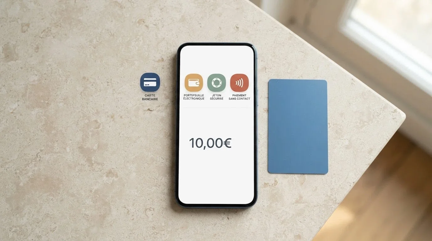 Un téléphone affichant plusieurs icônes de paiement — carte bancaire, portefeuille électronique, crypto — au-dessus d'un montant de 10 €