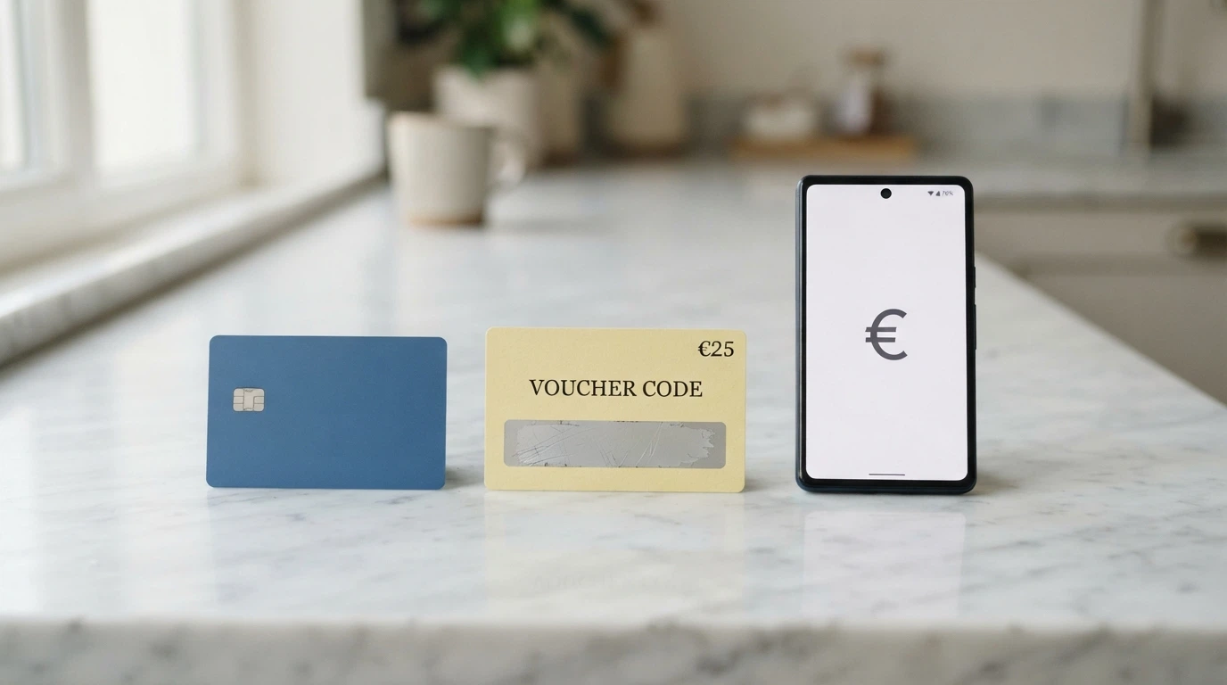 Cartes bancaires, portefeuilles électroniques et cartes prépayées disposés côte à côte, illustrant la diversité des moyens de paiement pour un micro-dépôt