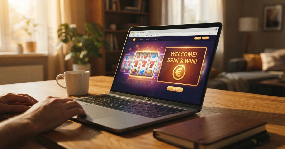 Page d'accueil d'un casino en ligne affichant des machines à sous, une offre de bonus de bienvenue et un cadenas de sécurité dans la barre d'adresse