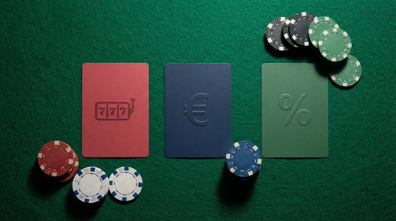 Trois cartes de casino alignées, chacune affichant un type de bonus différent : free spins, bonus en cash, match sur dépôt