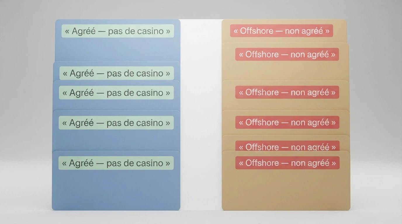 Dix cartes d'opérateurs disposées en deux colonnes, les quatre premières barrées d'un bandeau « Agréé ANJ — pas de casino » et les six suivantes marquées « Offshore — non agréé »