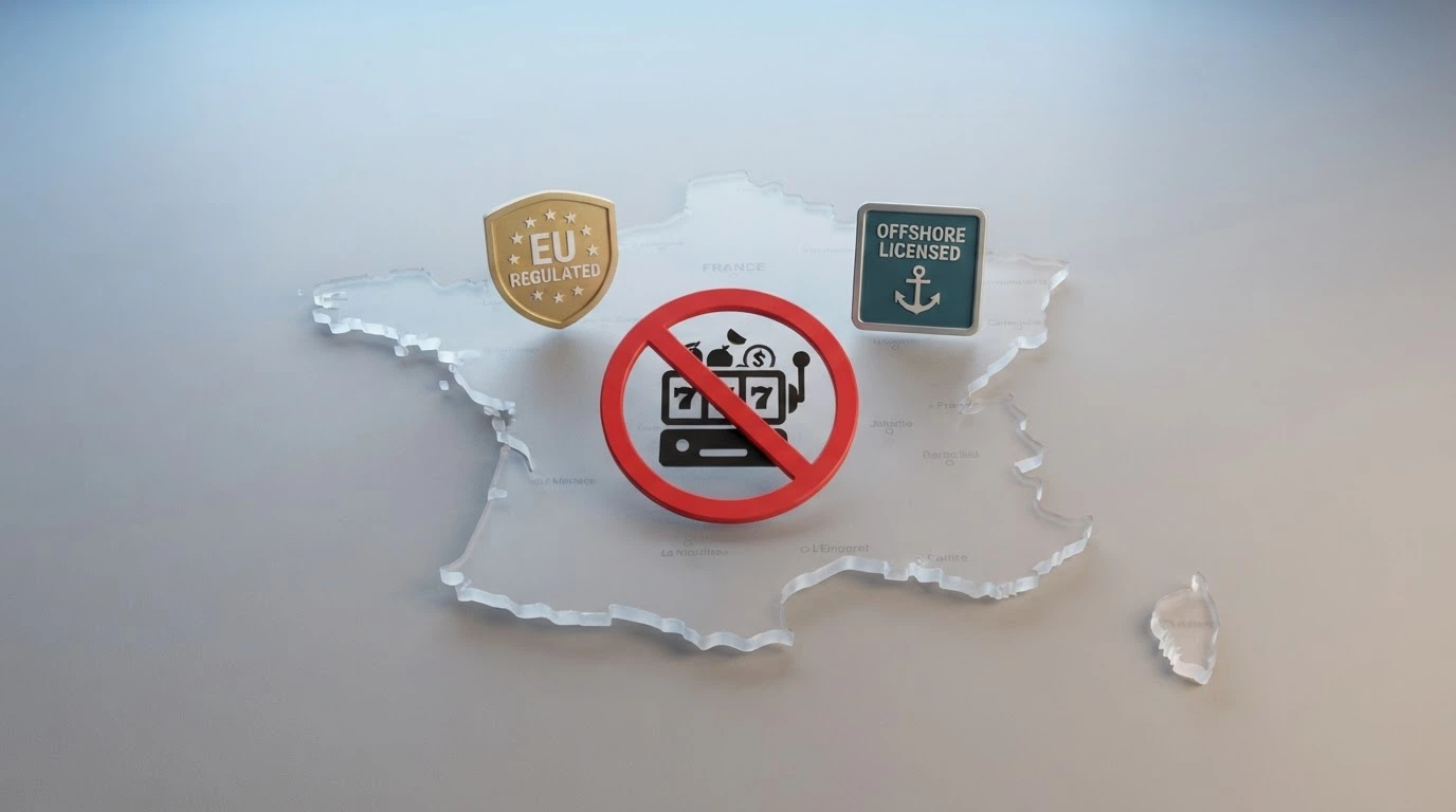 Une carte schématique des licences de casino (Curaçao, MGA) superposée au territoire français, avec la mention ANJ barrée pour le casino en ligne.
