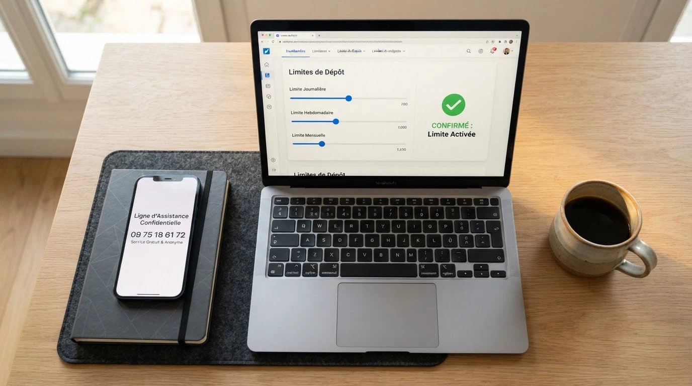 Un téléphone posé à côté d'un ordinateur, l'écran du téléphone affichant le numéro de Joueurs Info Service, celui de l'ordinateur montrant l'interface d'activation des limites de dépôt sur un site agréé ANJ.