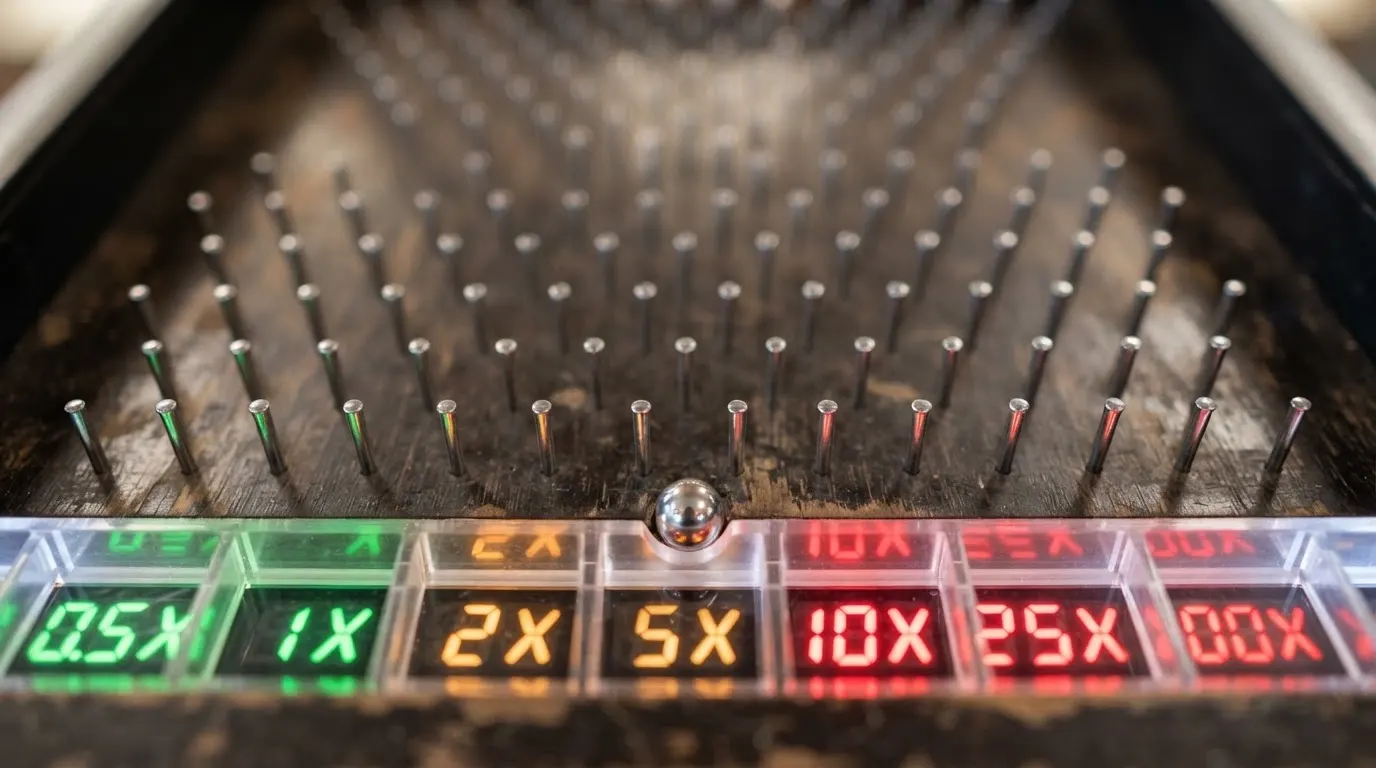 Un gros plan sur les clous et les cases multiplicateurs d'un plateau de Plinko en ligne, avec les valeurs de gain visibles en bas