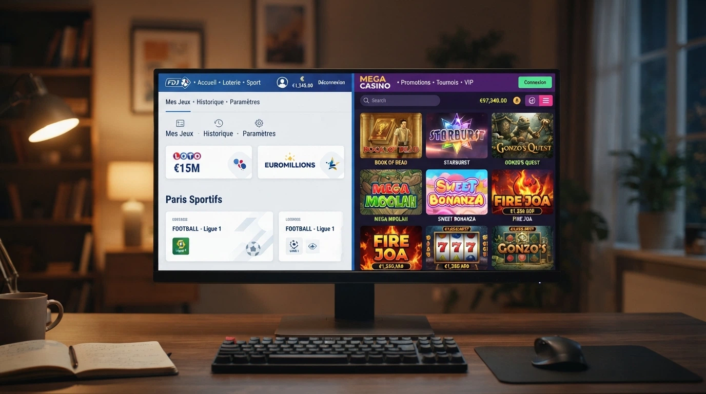 Capture d'écran partagée entre l'interface épurée d'un site agréé ANJ et celle, plus chargée en jeux de casino, d'une plateforme offshore