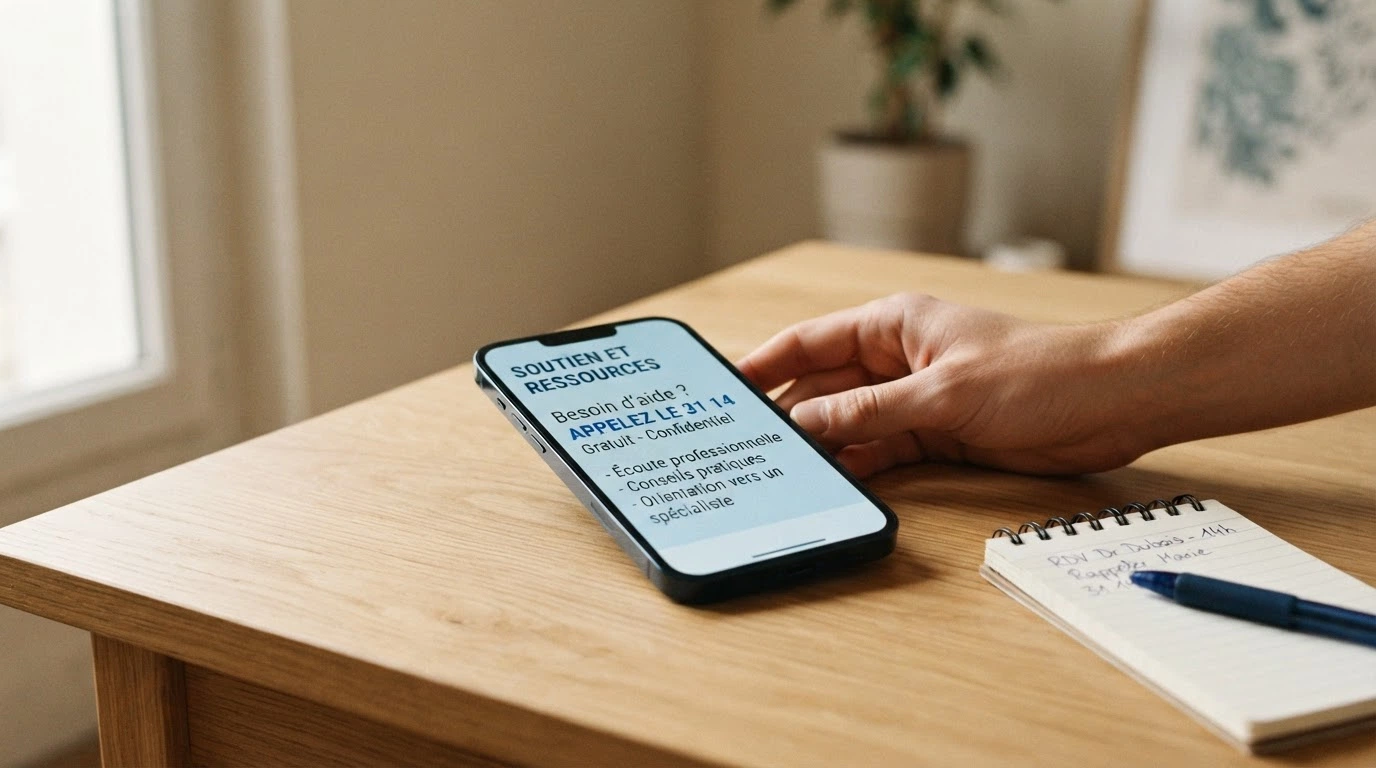 Illustration des ressources d'aide au jeu disponibles en France : numéros d'appel, chat, auto-évaluation