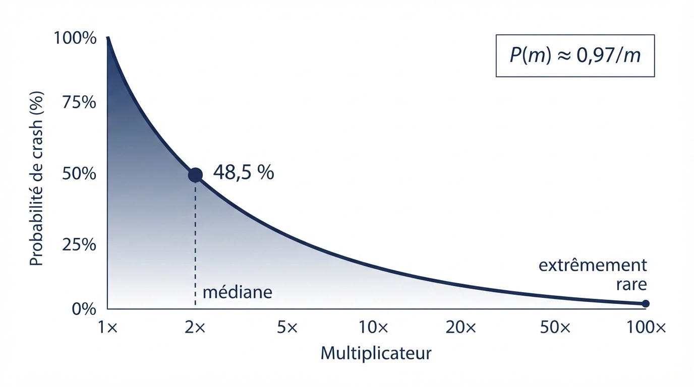 Courbe de probabilité décroissante du multiplicateur, avec annotations aux points clés (1,94x médian, 2x à 48,5 %, 100x exponentiellement rare)