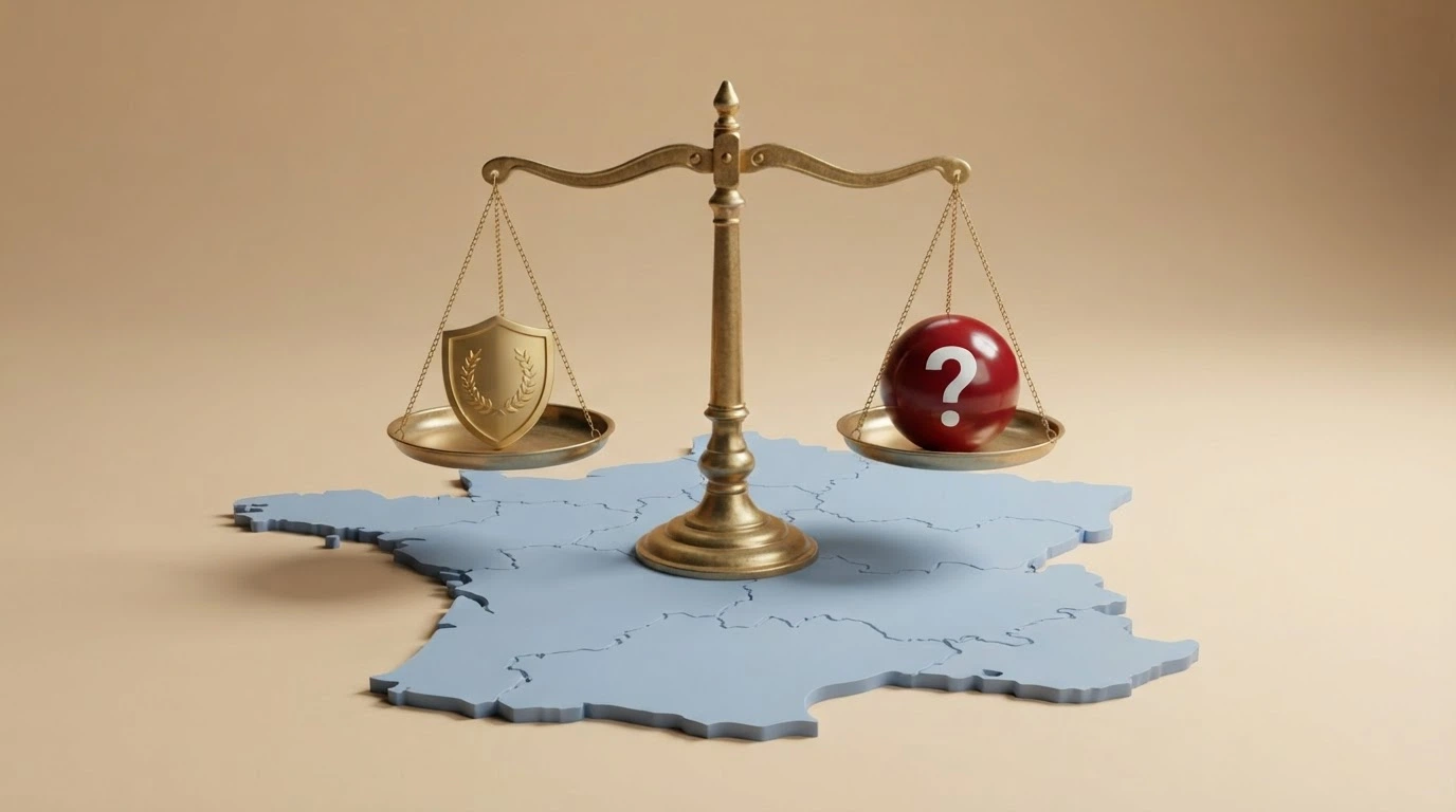 Une balance de justice posée sur une carte de France, avec d'un côté le logo ANJ et de l'autre un point d'interrogation rouge