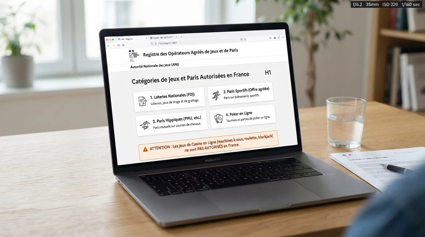 Page du site de l'ANJ listant les opérateurs agréés et les catégories de jeux autorisées en France