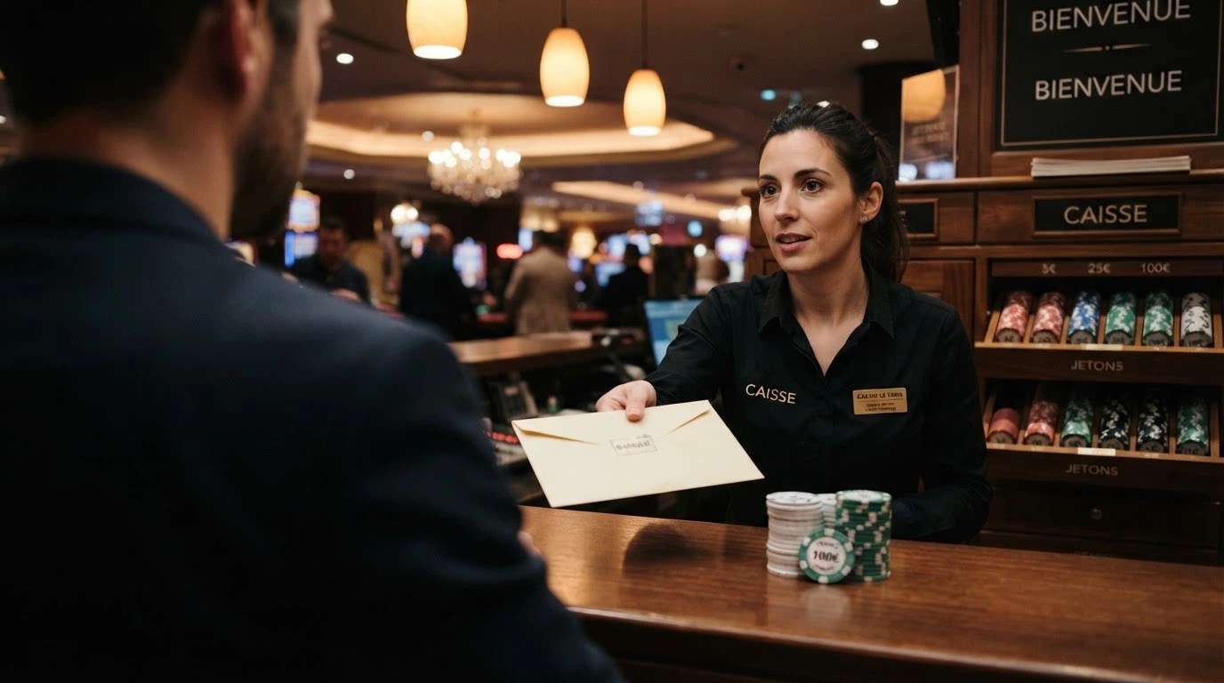 Un caissier de casino tendant une enveloppe et un chèque de banque à un joueur, la caisse du casino en arrière-plan avec des liasses de billets rangées