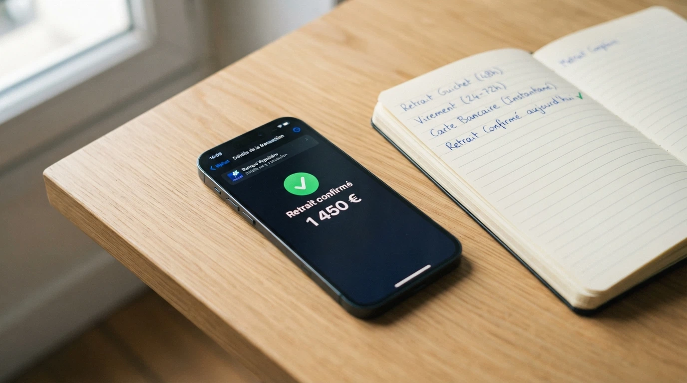 Un téléphone affichant un wallet crypto avec une transaction « retrait » confirmée, posé à côté d'un ordinateur ouvert sur un tableau comparatif de casinos.