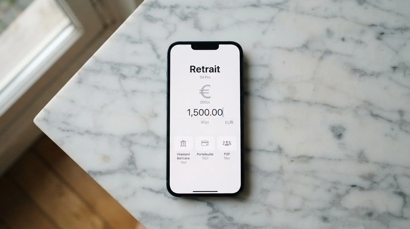 Un écran affichant une interface de retrait de casino avec plusieurs méthodes de paiement proposées (virement, e-wallet, crypto) et un montant en euros en attente de validation.