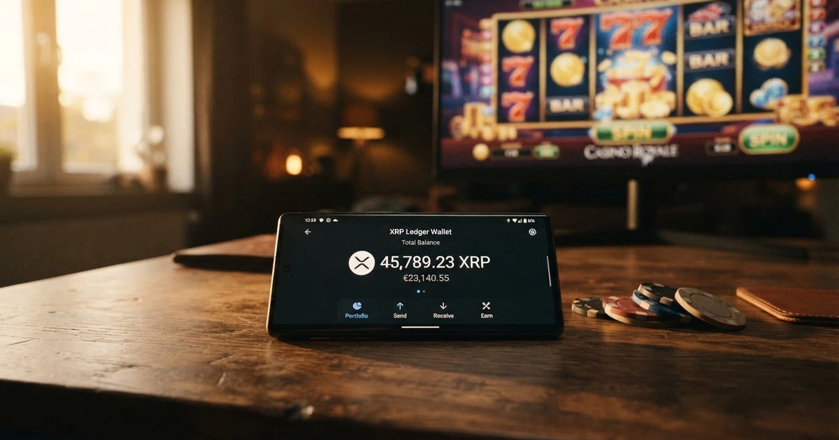 Un portefeuille crypto affichant un solde en XRP sur l'écran d'un smartphone, avec l'icône d'un casino en ligne en arrière-plan flouté