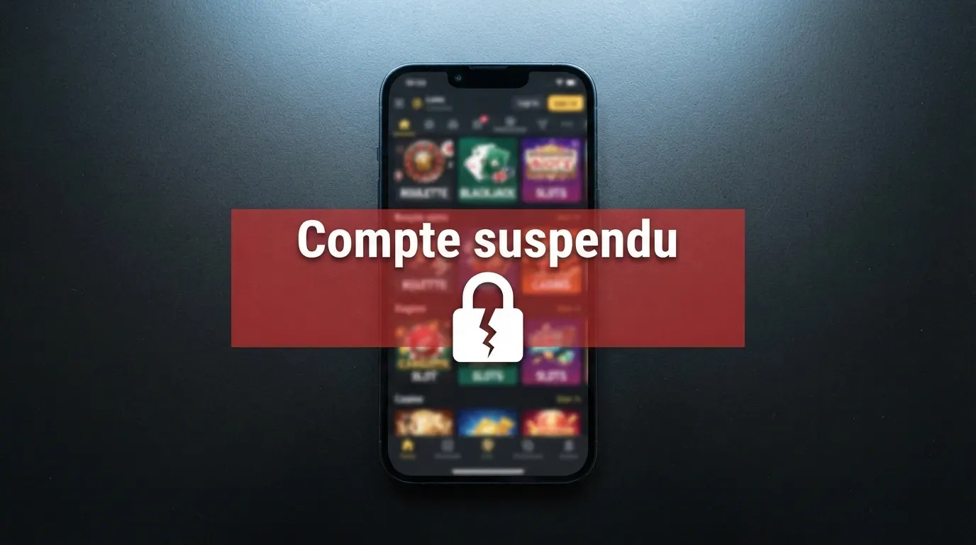 Un écran de casino en ligne affichant un message de compte suspendu, avec un cadenas brisé en surimpression