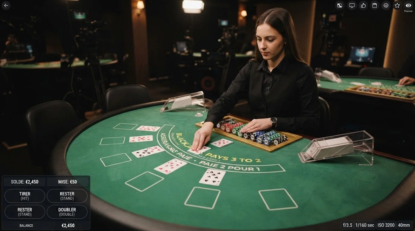 Un croupier en direct devant une table de blackjack filmée, avec l'interface de mise visible en surimpression
