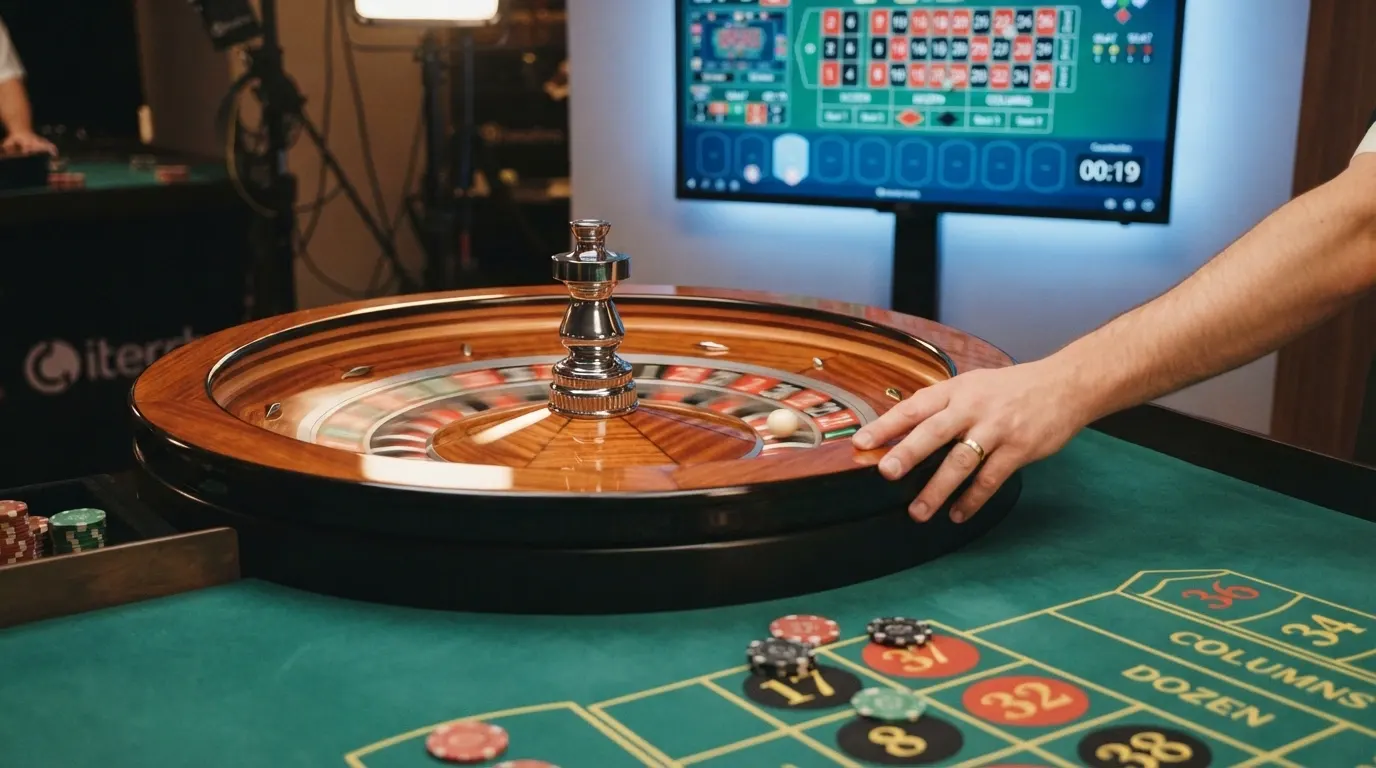 Une table de roulette en direct avec croupier, écran de jeu affichant les mises et le flux vidéo HD, joueurs connectés visibles dans l'interface
