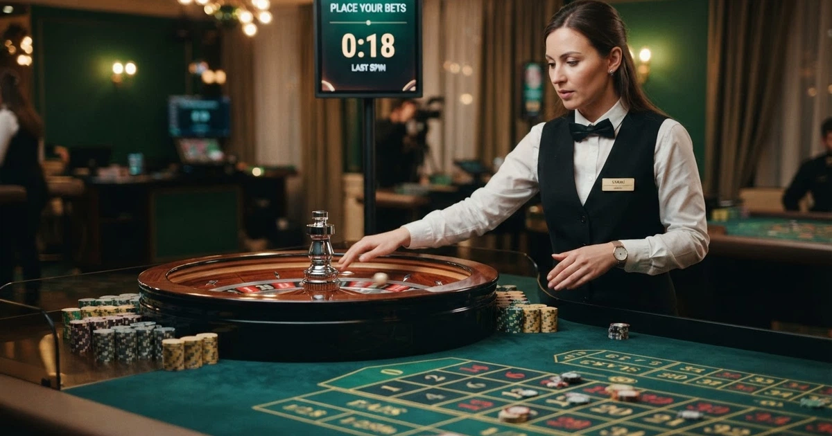 Table de roulette en direct filmée en studio, un croupier francophone annonçant les mises face caméra, cylindre en mouvement et tapis de mise affiché à l'écran