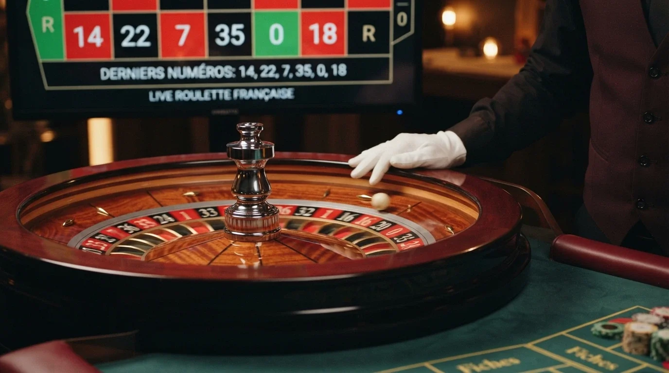Gros plan sur un cylindre de roulette en mouvement, la bille visible, avec un croupier en arrière-plan et l'écran de streaming affichant les numéros précédents