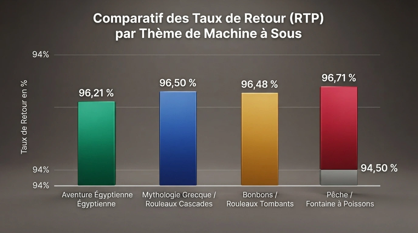 Graphique comparatif des taux de redistribution (RTP) de quatre machines à sous populaires, avec leur volatilité indiquée