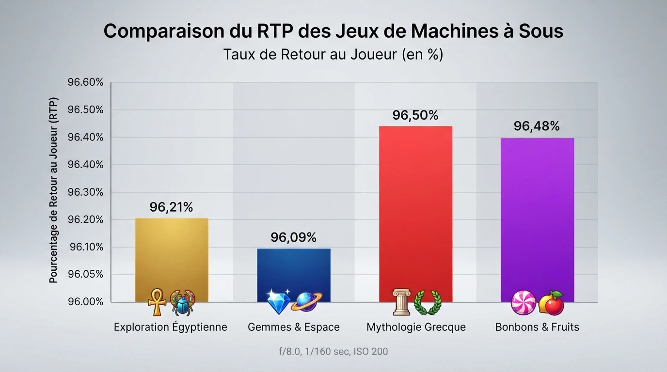 Machine à sous en ligne avec un bandeau affichant le taux de retour au joueur et les rouleaux en arrière-plan