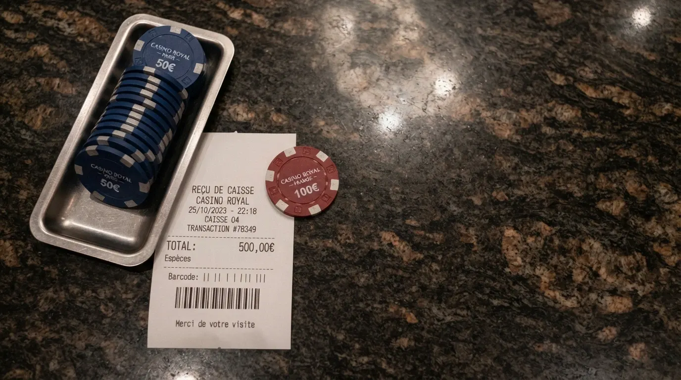 Une liasse de billets de 50 € et 100 € posée à côté d'un ticket de caisse de casino, une carte nationale d'identité française placée à côté