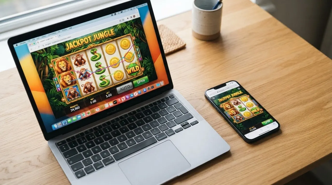 Un écran partagé entre un ordinateur portable et un smartphone affichant tous deux le même jeu de machine à sous dans un navigateur web