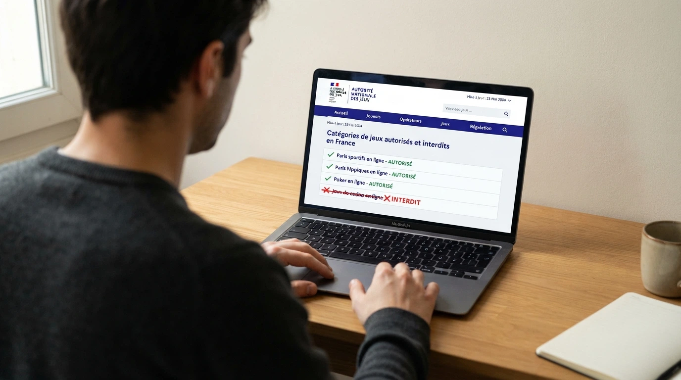 Capture d'écran de la page officielle de l'ANJ listant les jeux d'argent autorisés en France, la rubrique casino en ligne absente ou marquée comme interdite