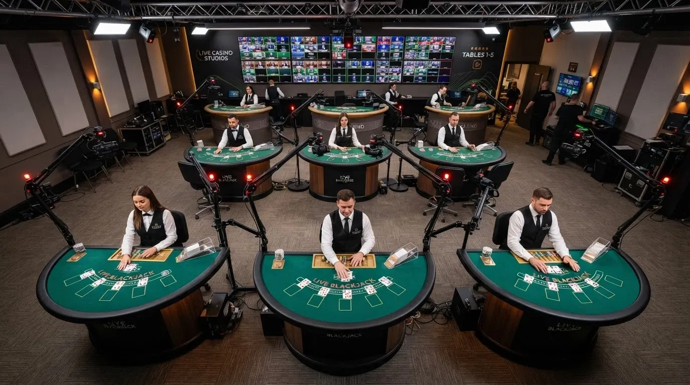 Un studio de casino live vu en perspective : plusieurs tables de blackjack occupées, des croupiers en tenue professionnelle, des caméras HD disposées autour des tables, un écran de contrôle en arrière-plan.