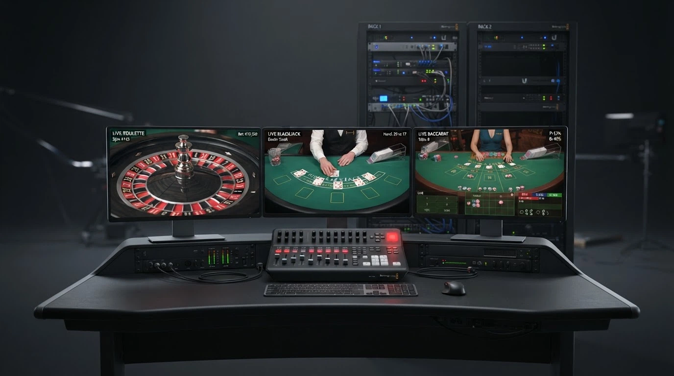 Une salle de contrôle technique derrière un studio de casino live : écrans de monitoring, régie vidéo, serveurs