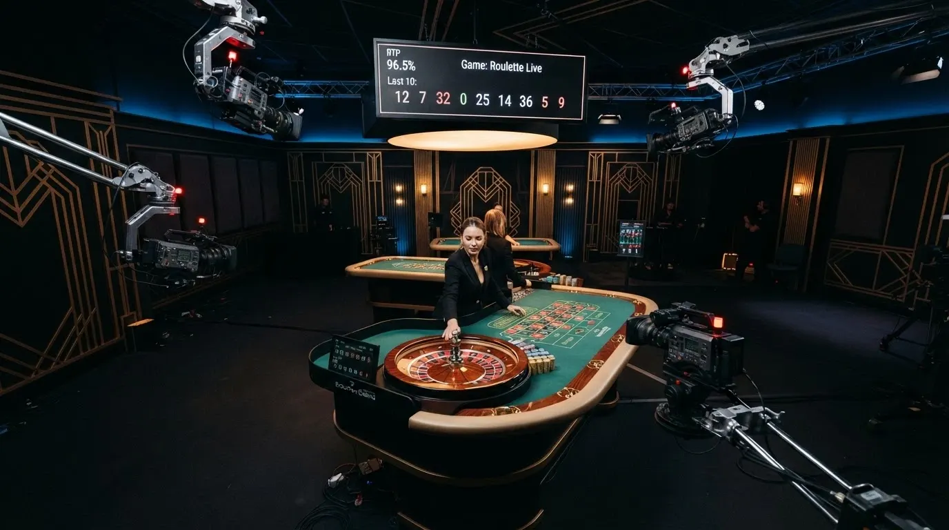 Le studio Evolution Gaming de Riga, ambiance Art Déco noir et or, table de roulette filmée en multi-caméras HD