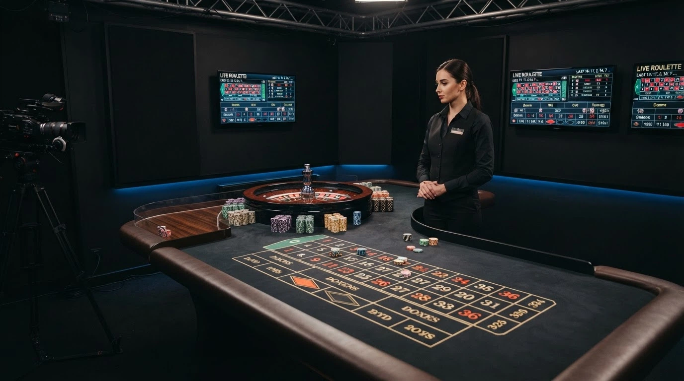 Table de roulette filmée en direct dans un studio Pragmatic Play avec croupier professionnel, écrans et éclairage de production